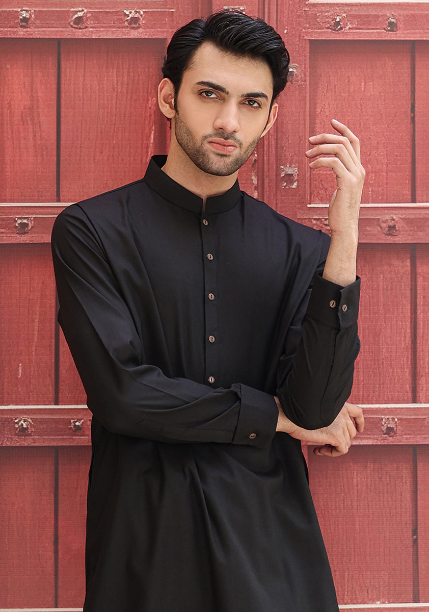 Black Poly Viscose Classic Fit Shalwar Kameez (2-Piece) - Image 2