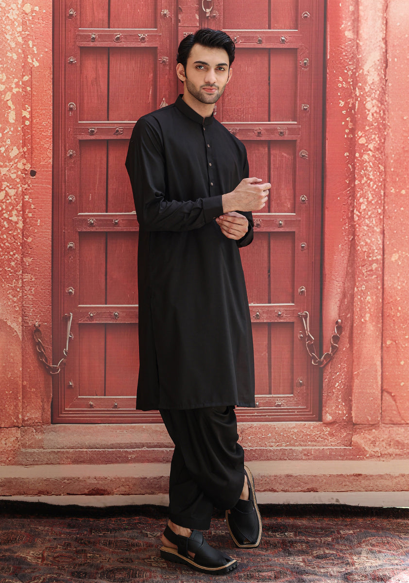 Black Poly Viscose Classic Fit Shalwar Kameez (2-Piece) - Image 3