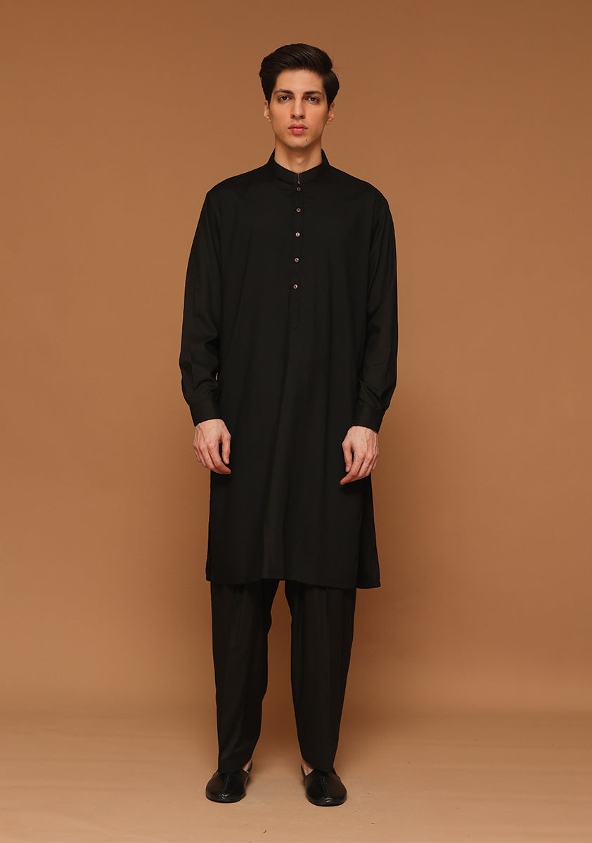 Black Poly Viscose Classic Fit Shalwar Kameez (2-Piece) - Image 1
