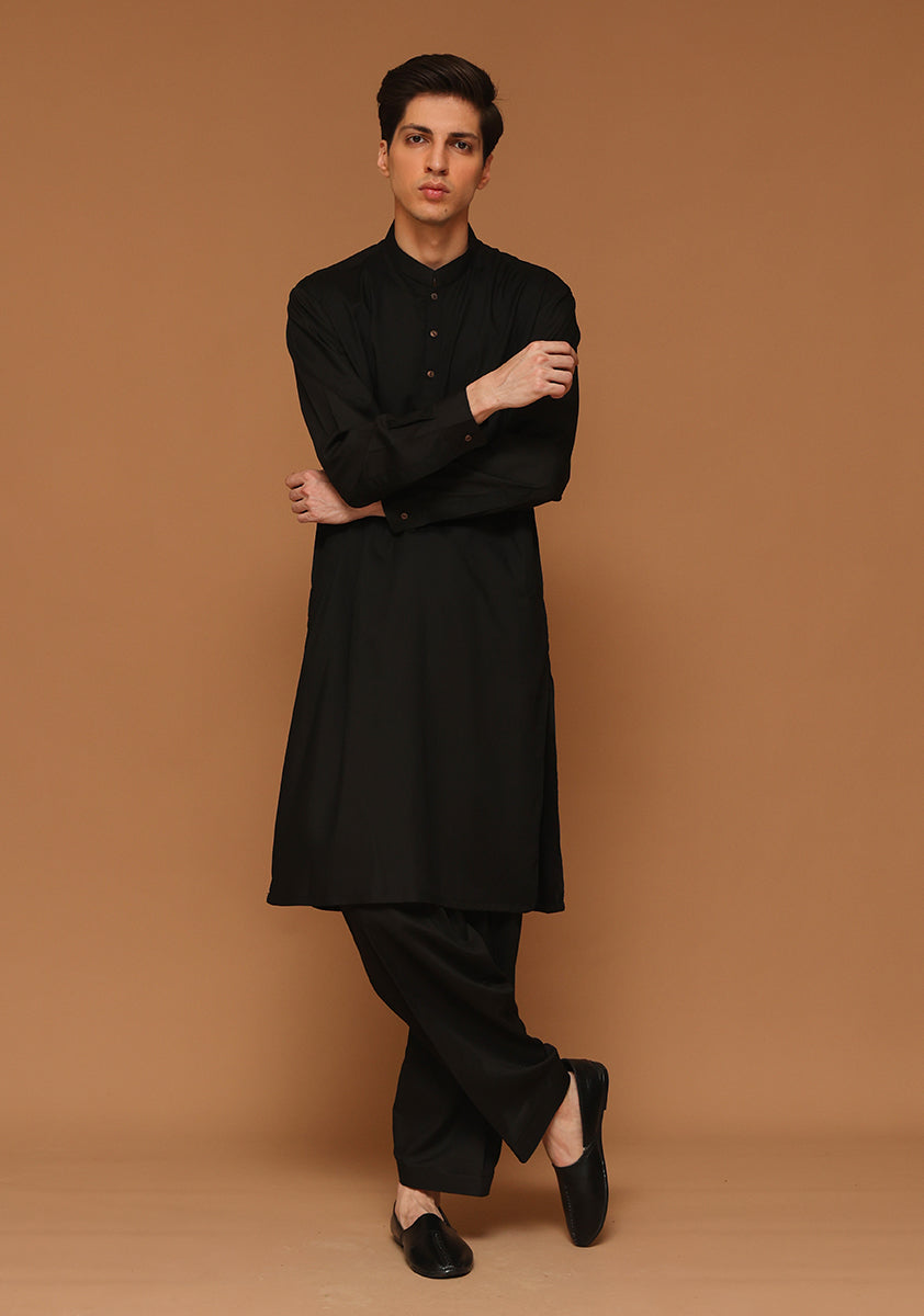 Black Poly Viscose Classic Fit Shalwar Kameez (2-Piece) - Image 2