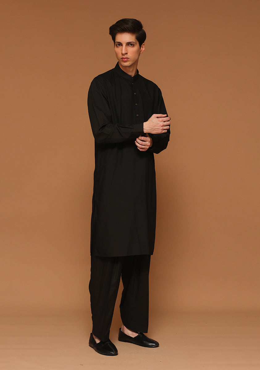 Black Poly Viscose Classic Fit Shalwar Kameez (2-Piece) - Image 3