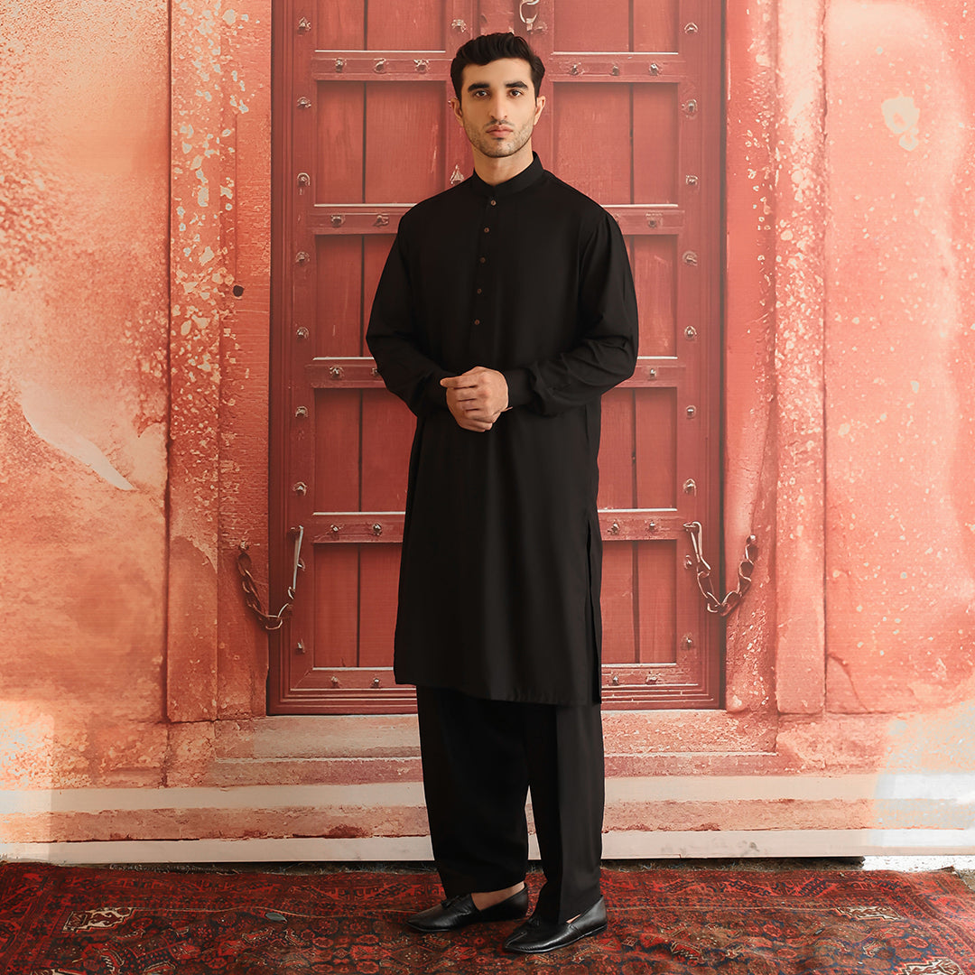 Black Poly Viscose Classic Fit Shalwar Kameez (2-Piece) - Image 1
