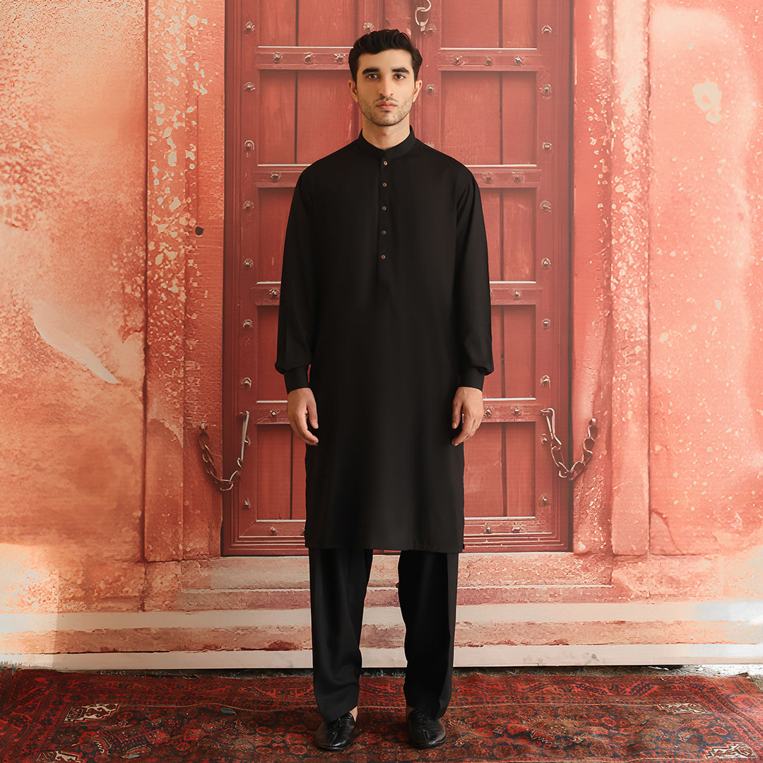 Black Poly Viscose Classic Fit Shalwar Kameez (2-Piece) - Image 2
