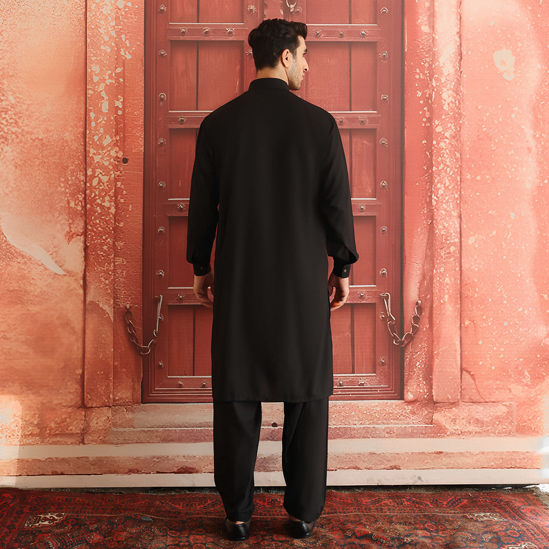 Black Poly Viscose Classic Fit Shalwar Kameez (2-Piece) - Image 3