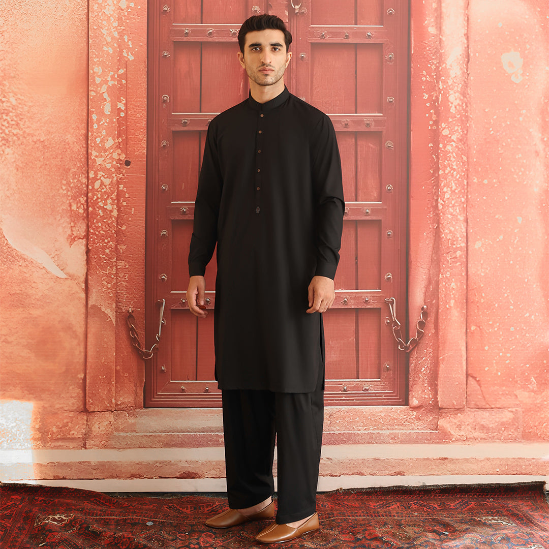 Black Poly Viscose Classic Fit Shalwar Kameez (2-Piece) - Image 1