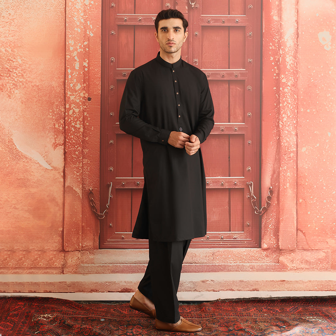 Black Poly Viscose Classic Fit Shalwar Kameez (2-Piece) - Image 2