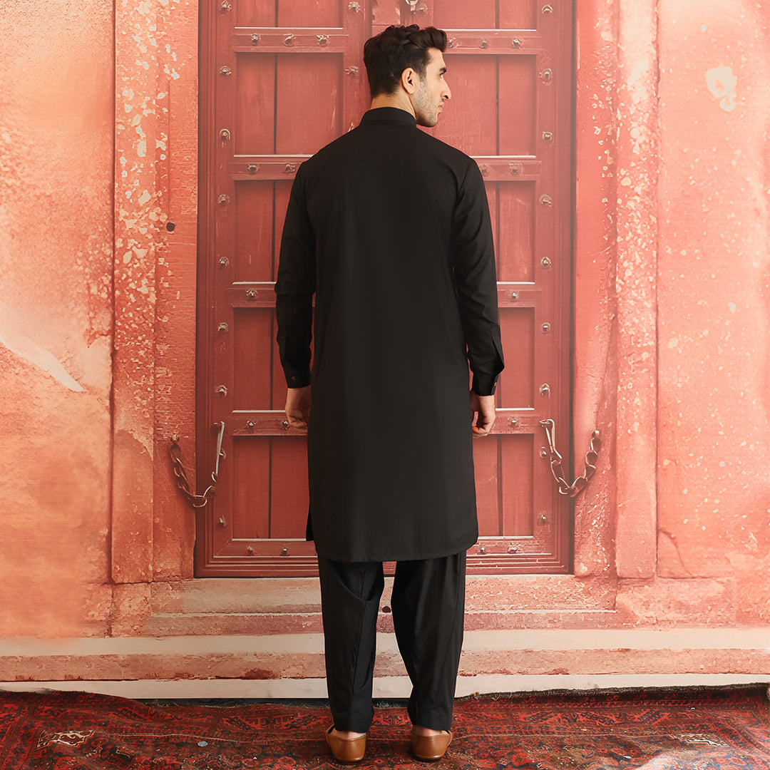 Black Poly Viscose Classic Fit Shalwar Kameez (2-Piece) - Image 3