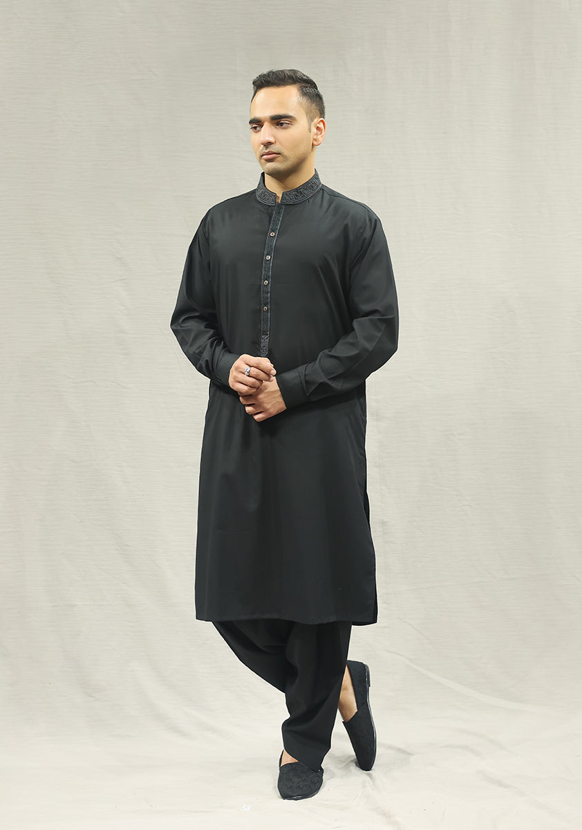 Black Embroidered Poly Viscose Shalwar Kameez (2-Piece) - Image 1