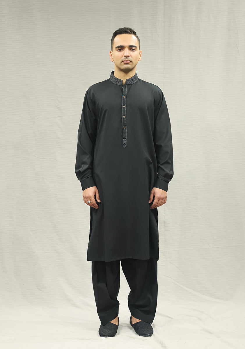 Black Embroidered Poly Viscose Shalwar Kameez (2-Piece) - Image 2