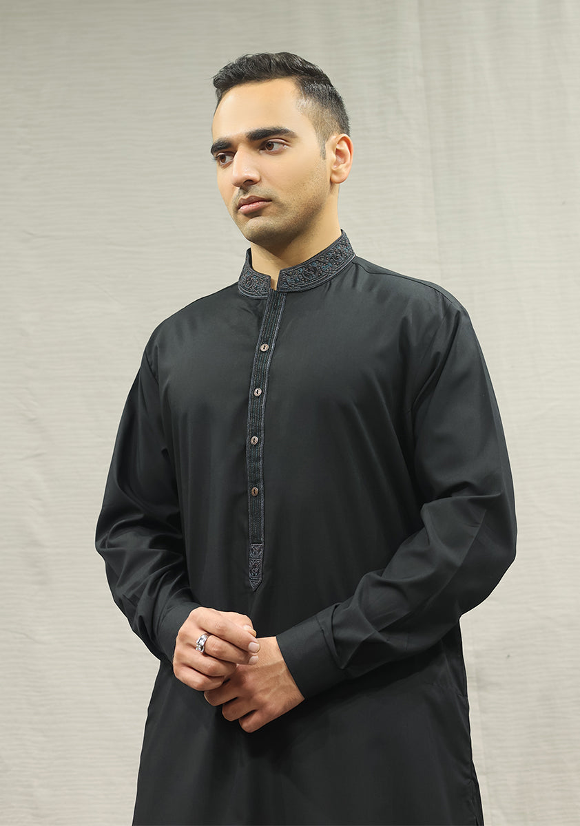 Black Embroidered Poly Viscose Shalwar Kameez (2-Piece) - Image 3