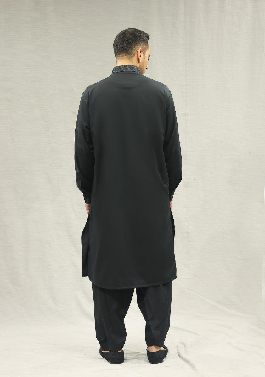 Black Embroidered Poly Viscose Shalwar Kameez (2-Piece) - Image 4