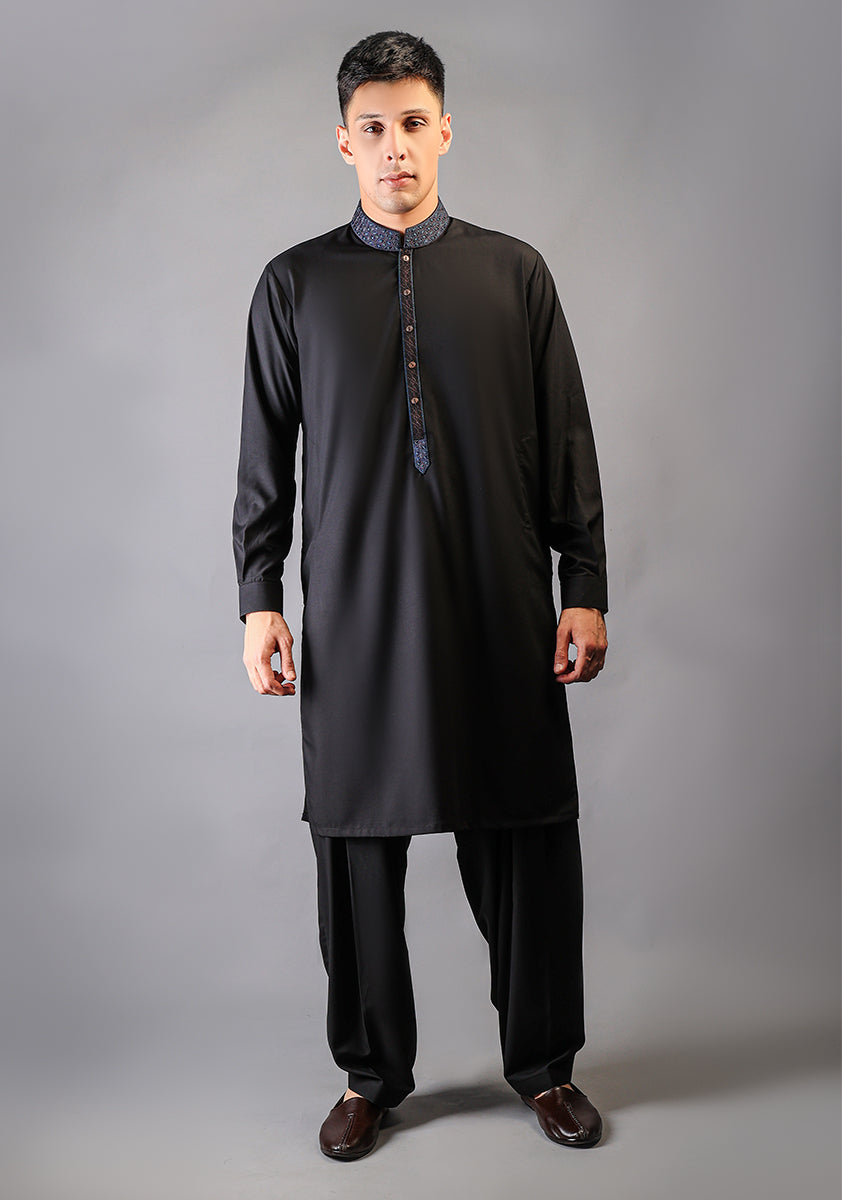 Black Embroidered Poly Viscose Shalwar Kameez (2-Piece) - Image 1