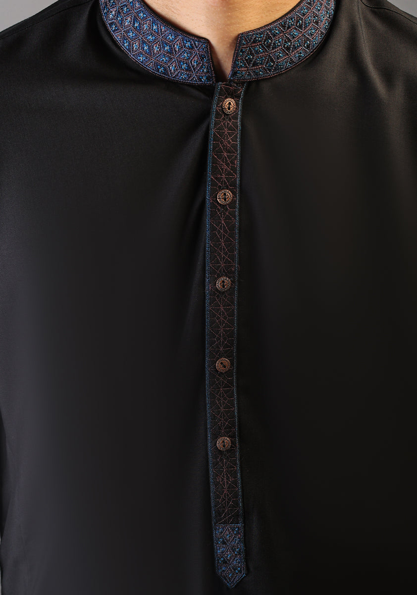 Black Embroidered Poly Viscose Shalwar Kameez (2-Piece) - Image 2