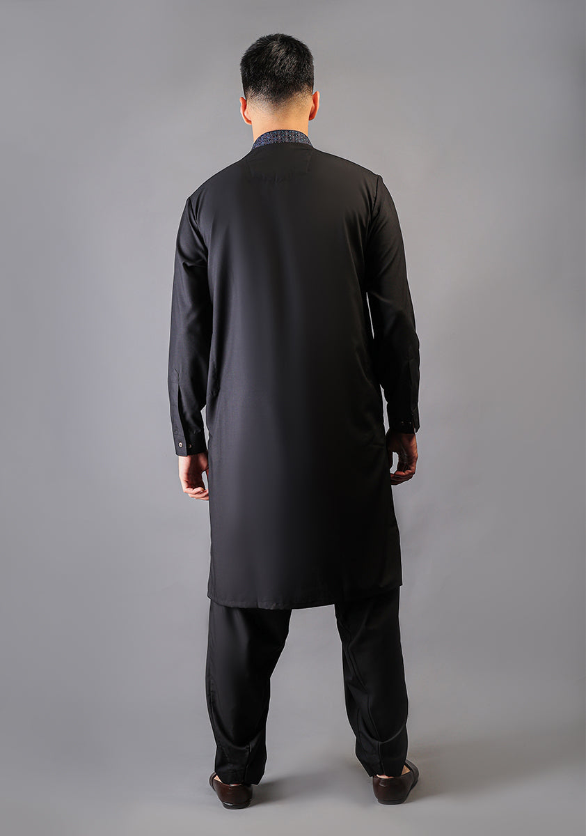 Black Embroidered Poly Viscose Shalwar Kameez (2-Piece) - Image 3