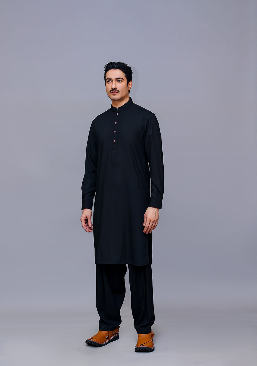 Jet Black Poly Viscose Slim Fit Shalwar Kameez (2-Piece) - Image 1