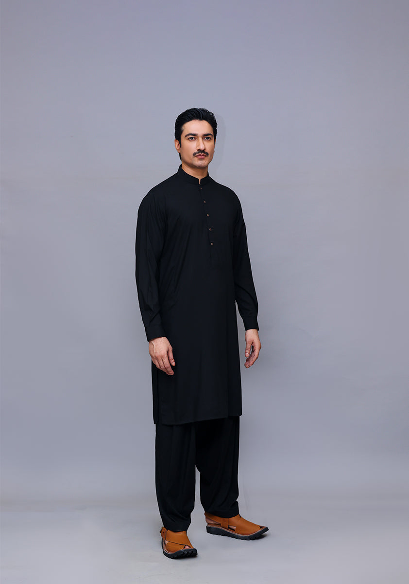 Jet Black Poly Viscose Slim Fit Shalwar Kameez (2-Piece) - Image 2