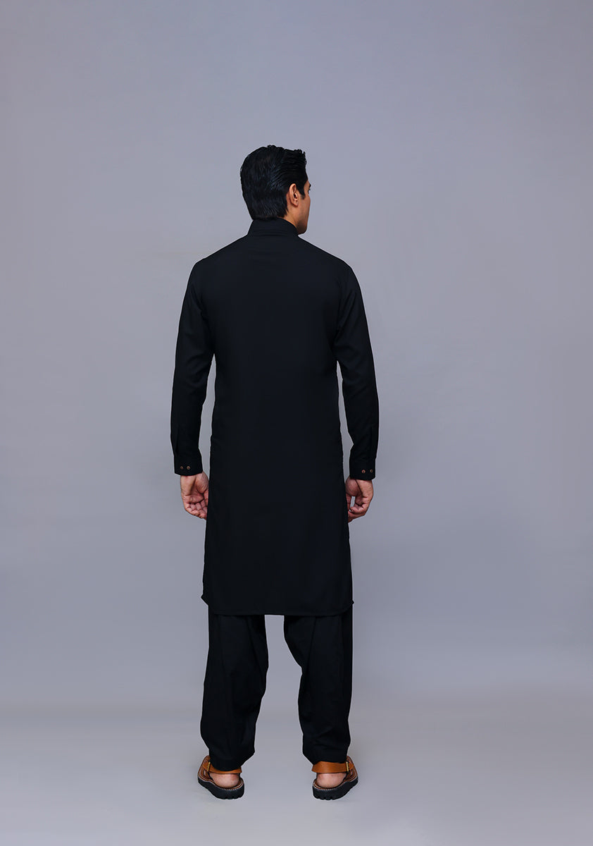 Jet Black Poly Viscose Slim Fit Shalwar Kameez (2-Piece) - Image 3