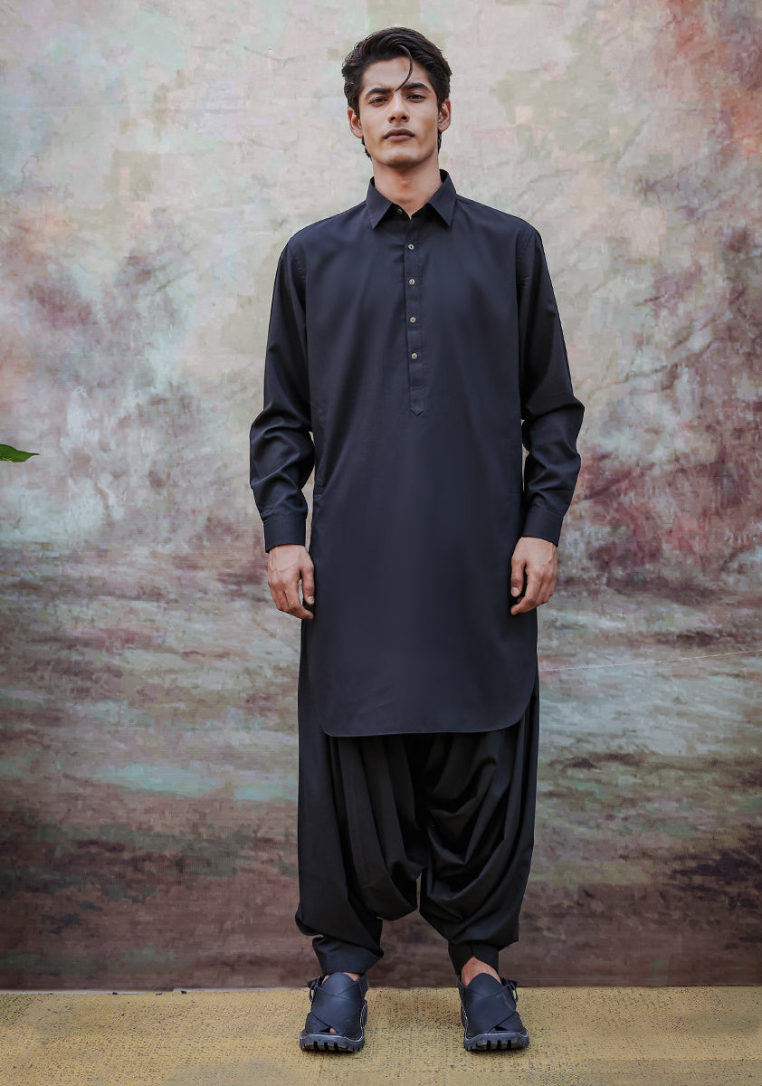 Black Poly Viscose Slim Fit Shalwar Kameez (2-Piece) - Image 1