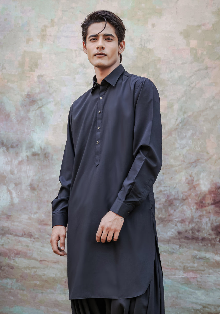 Black Poly Viscose Slim Fit Shalwar Kameez (2-Piece) - Image 2