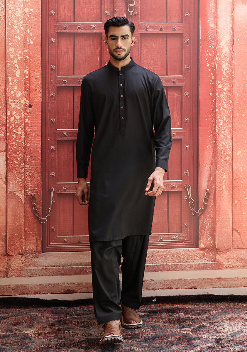 Black Poly Viscose Slim Fit Shalwar Kameez (2-Piece) - Image 2
