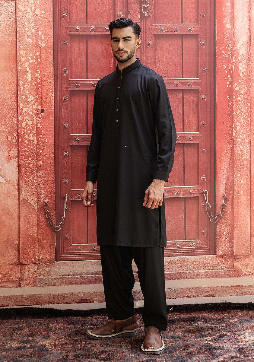 Black Poly Viscose Slim Fit Shalwar Kameez (2-Piece) - Image 4