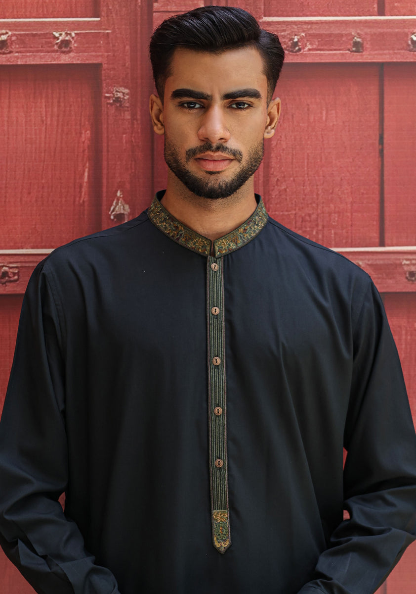 Black Embroidered Poly Viscose Shalwar Kameez (2-Piece) - Image 2