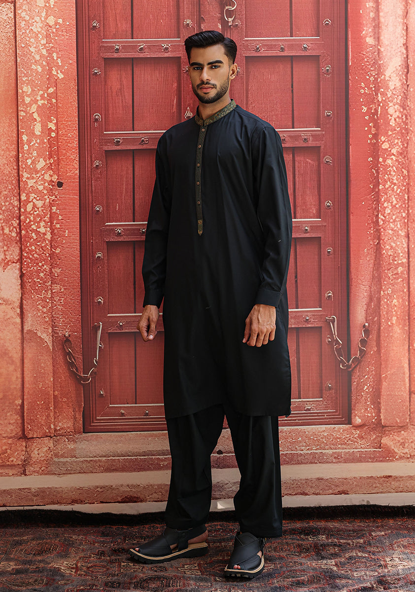 Black Embroidered Poly Viscose Shalwar Kameez (2-Piece) - Image 3