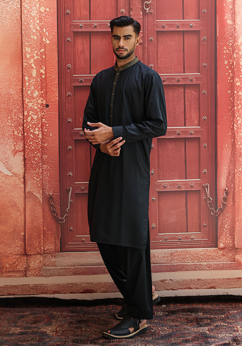 Black Embroidered Poly Viscose Shalwar Kameez (2-Piece) - Image 5