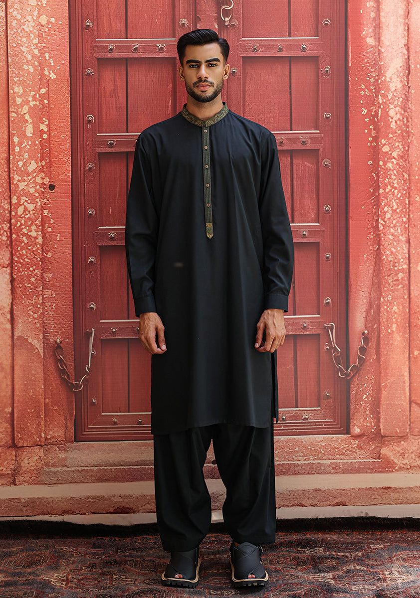 Black Embroidered Poly Viscose Shalwar Kameez (2-Piece) - Image 6