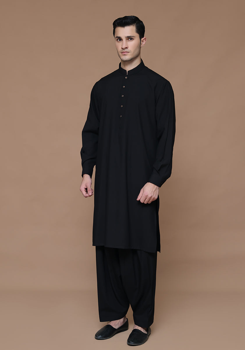 Black Poly Viscose Classic Fit Shalwar Kameez (2-Piece) - Image 3