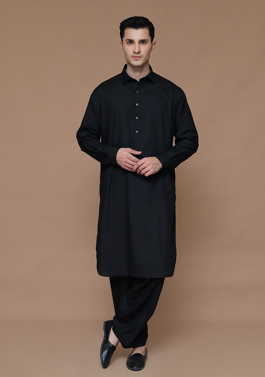 Black Poly Viscose Classic Fit Shalwar Kameez (2-Piece) - Image 1