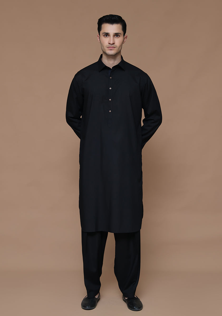 Black Poly Viscose Classic Fit Shalwar Kameez (2-Piece) - Image 2