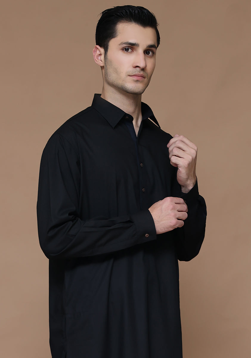 Black Poly Viscose Classic Fit Shalwar Kameez (2-Piece) - Image 3