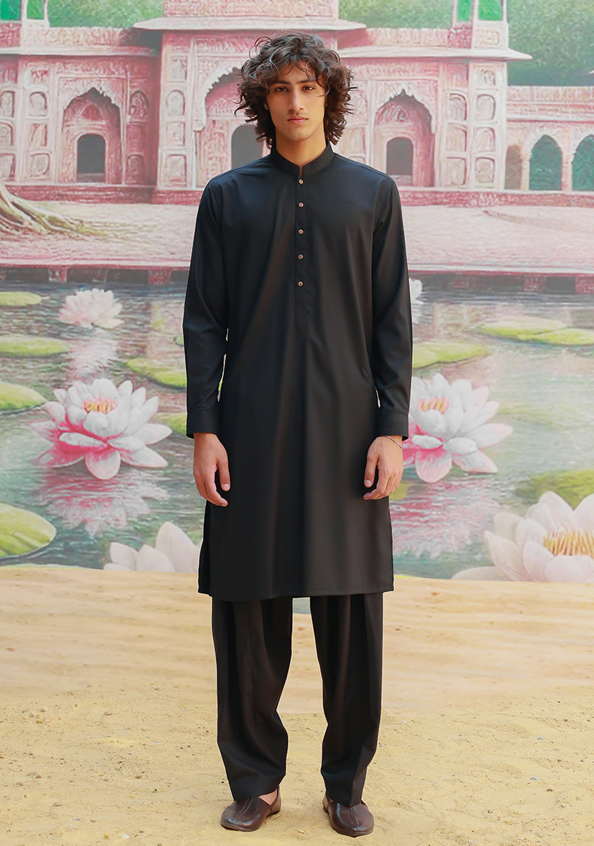 Black Poly Viscose Slim Fit Shalwar Kameez (2-Piece) - Image 2
