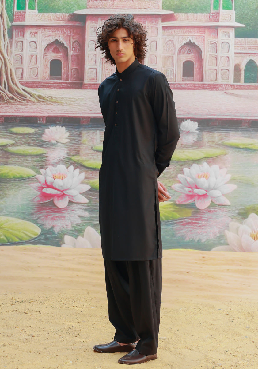 Black Poly Viscose Slim Fit Shalwar Kameez (2-Piece) - Image 3