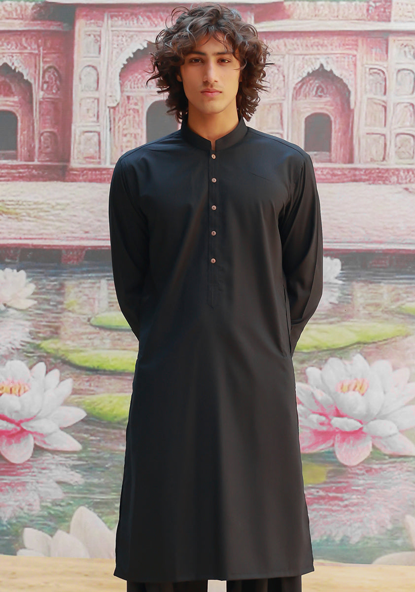 Black Poly Viscose Slim Fit Shalwar Kameez (2-Piece) - Image 4