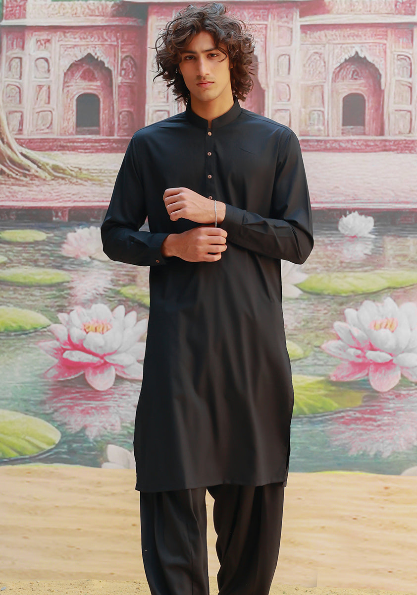 Black Poly Viscose Slim Fit Shalwar Kameez (2-Piece) - Image 5