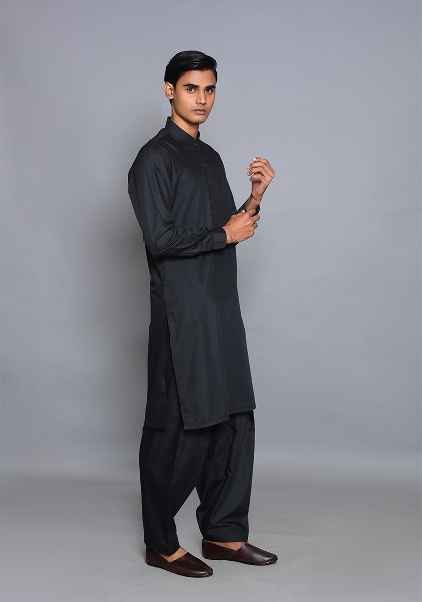 Black Poly Viscose Slim Fit Shalwar Kameez (2-Piece) - Image 2