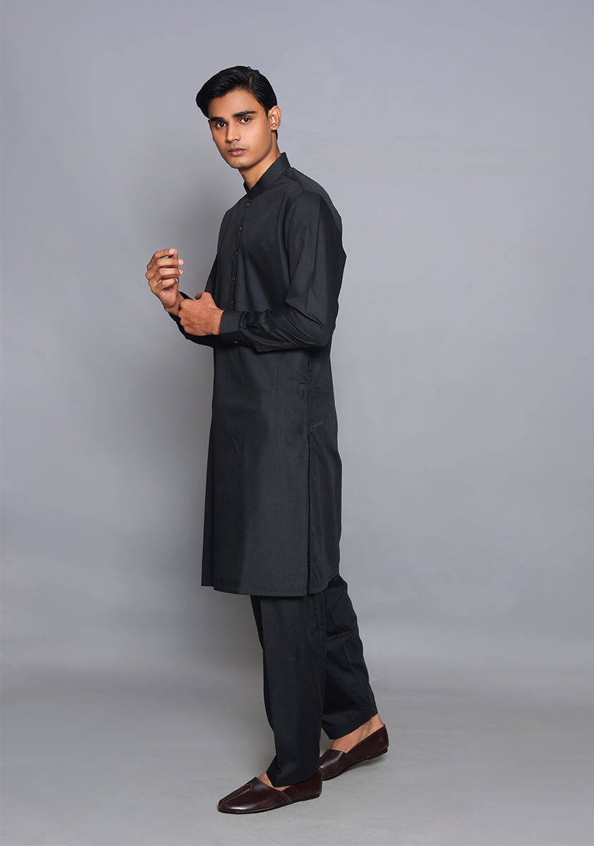 Black Poly Viscose Slim Fit Shalwar Kameez (2-Piece) - Image 3