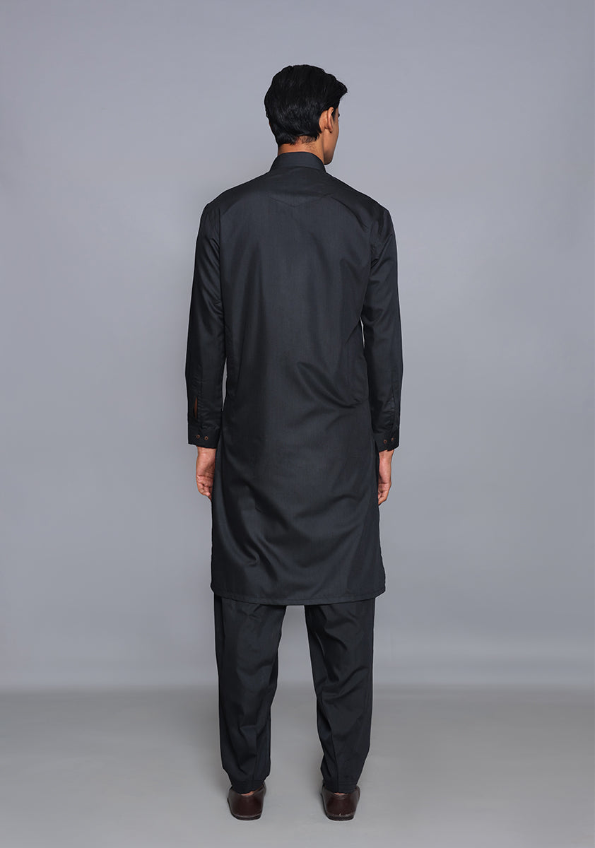 Black Poly Viscose Slim Fit Shalwar Kameez (2-Piece) - Image 4
