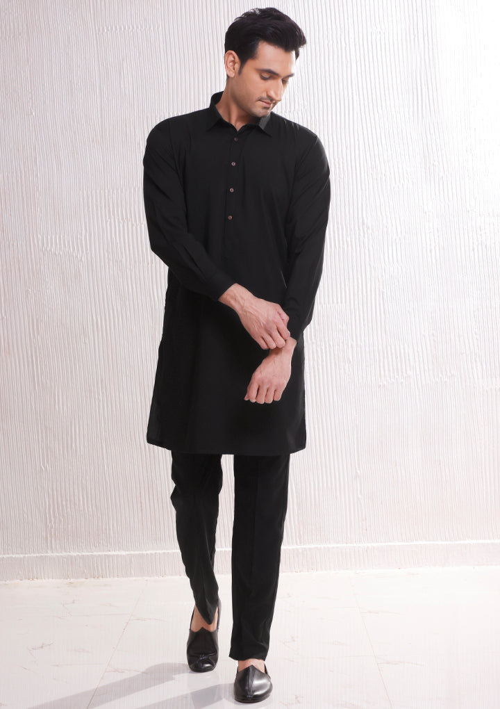 Black Poly Viscose Slim Fit Shalwar Kameez (2-Piece) - Image 1