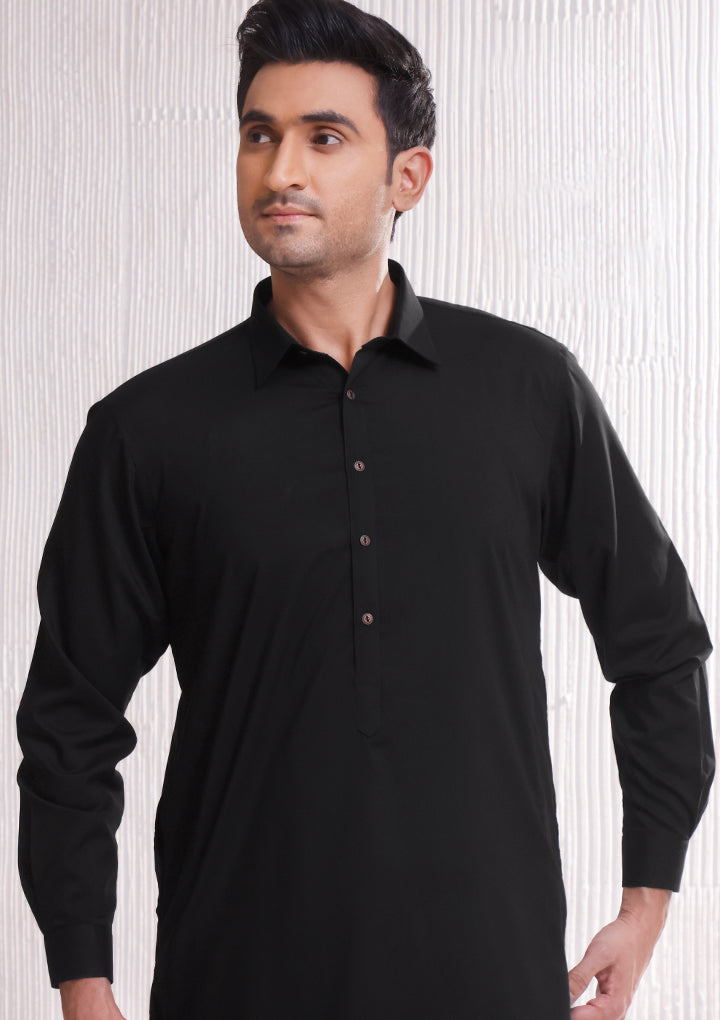 Black Poly Viscose Slim Fit Shalwar Kameez (2-Piece) - Image 2