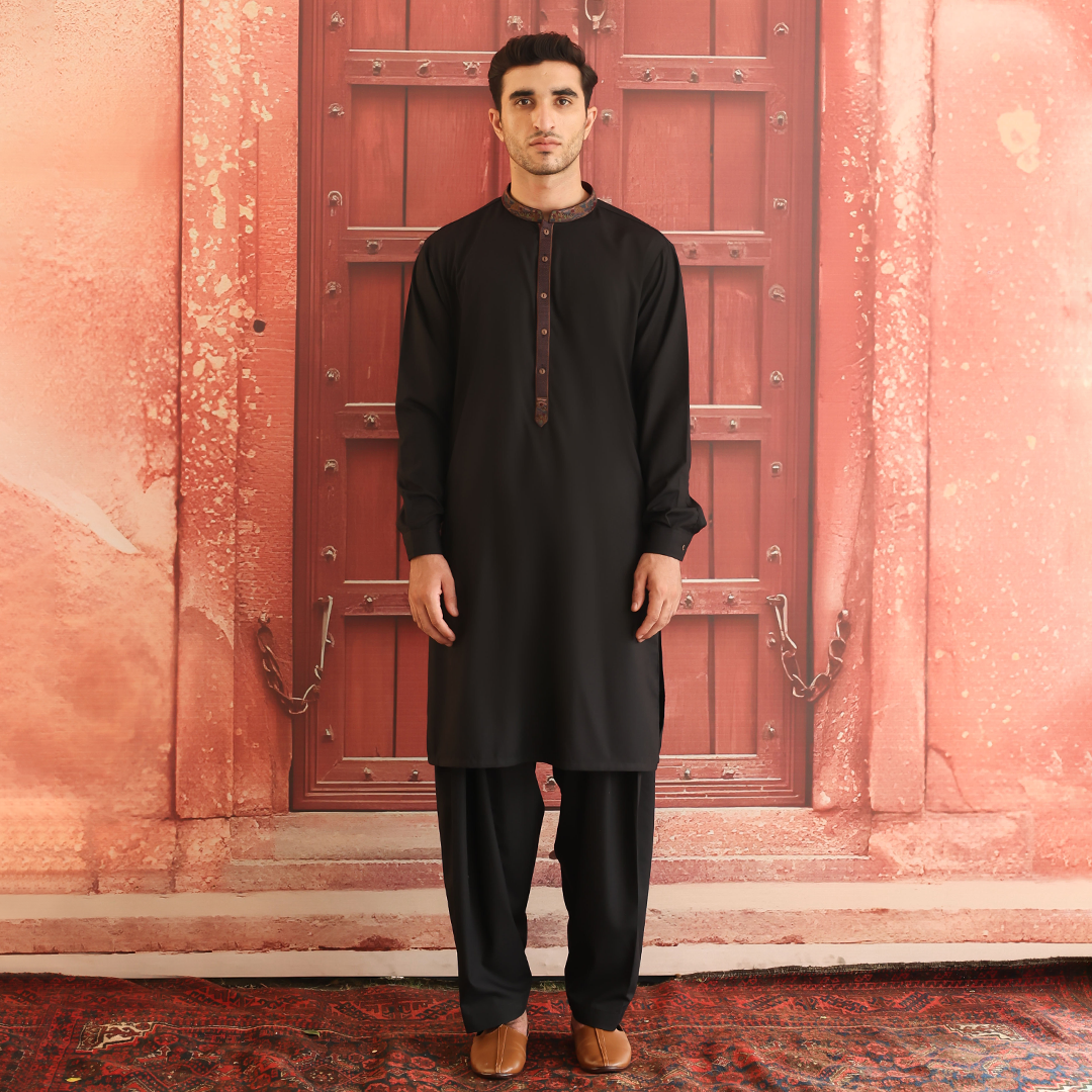 Black Embroidered Poly Viscose Shalwar Kameez (2-Piece) - Image 1