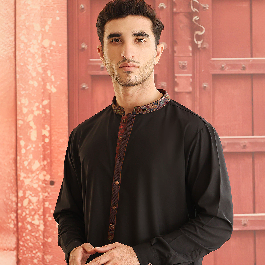 Black Embroidered Poly Viscose Shalwar Kameez (2-Piece) - Image 2