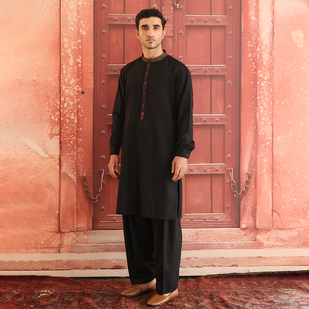 Black Embroidered Poly Viscose Shalwar Kameez (2-Piece) - Image 3