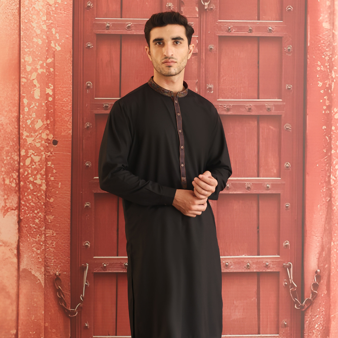 Black Embroidered Poly Viscose Shalwar Kameez (2-Piece) - Image 4