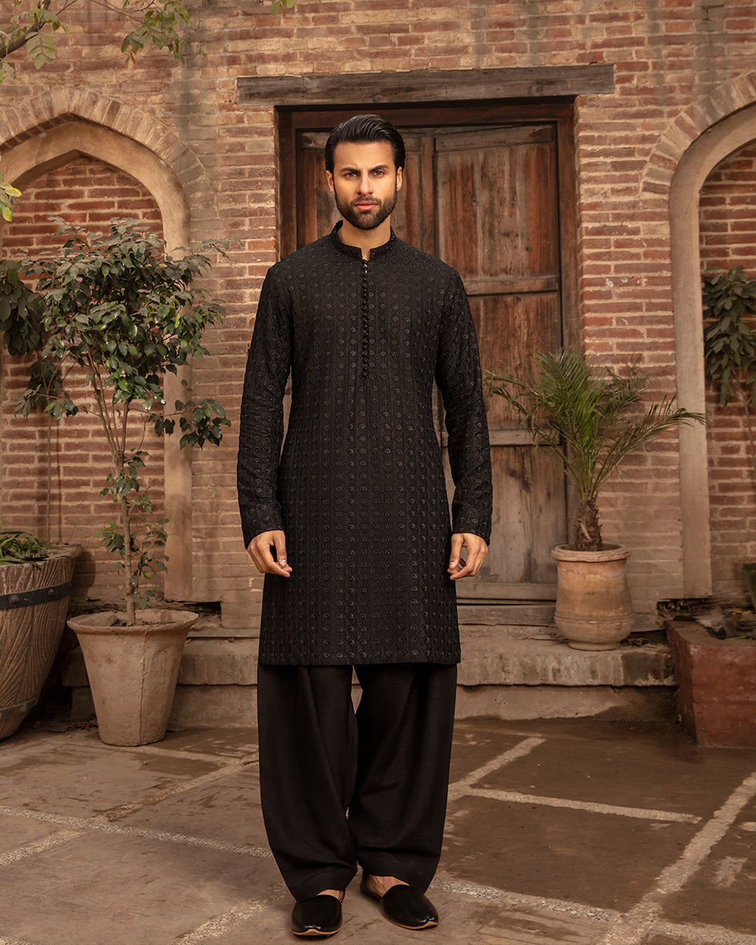 Black Resham Embroidered Korean Raw Silk Kurta Shalwar (2-Piece) - Image 1