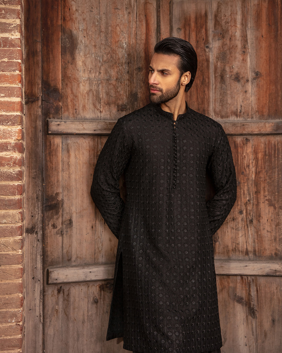 Black Resham Embroidered Korean Raw Silk Kurta Shalwar (2-Piece) - Image 2