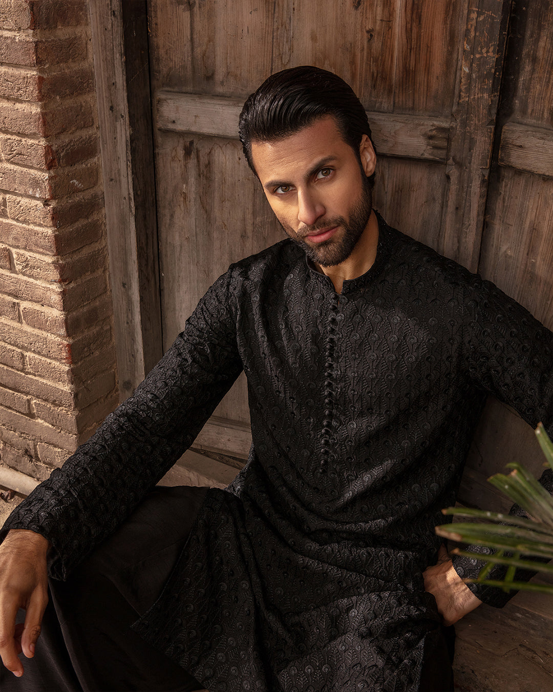 Black Resham Embroidered Korean Raw Silk Kurta Shalwar (2-Piece) - Image 3