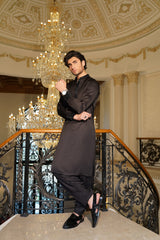 Jet Black Embroidered Silk-Blend Kurta Shalwar (2-Piece) - Image 2